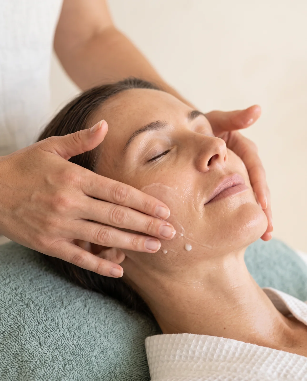 Close-up of a natural facial skincare treatment being applied to a relaxed client