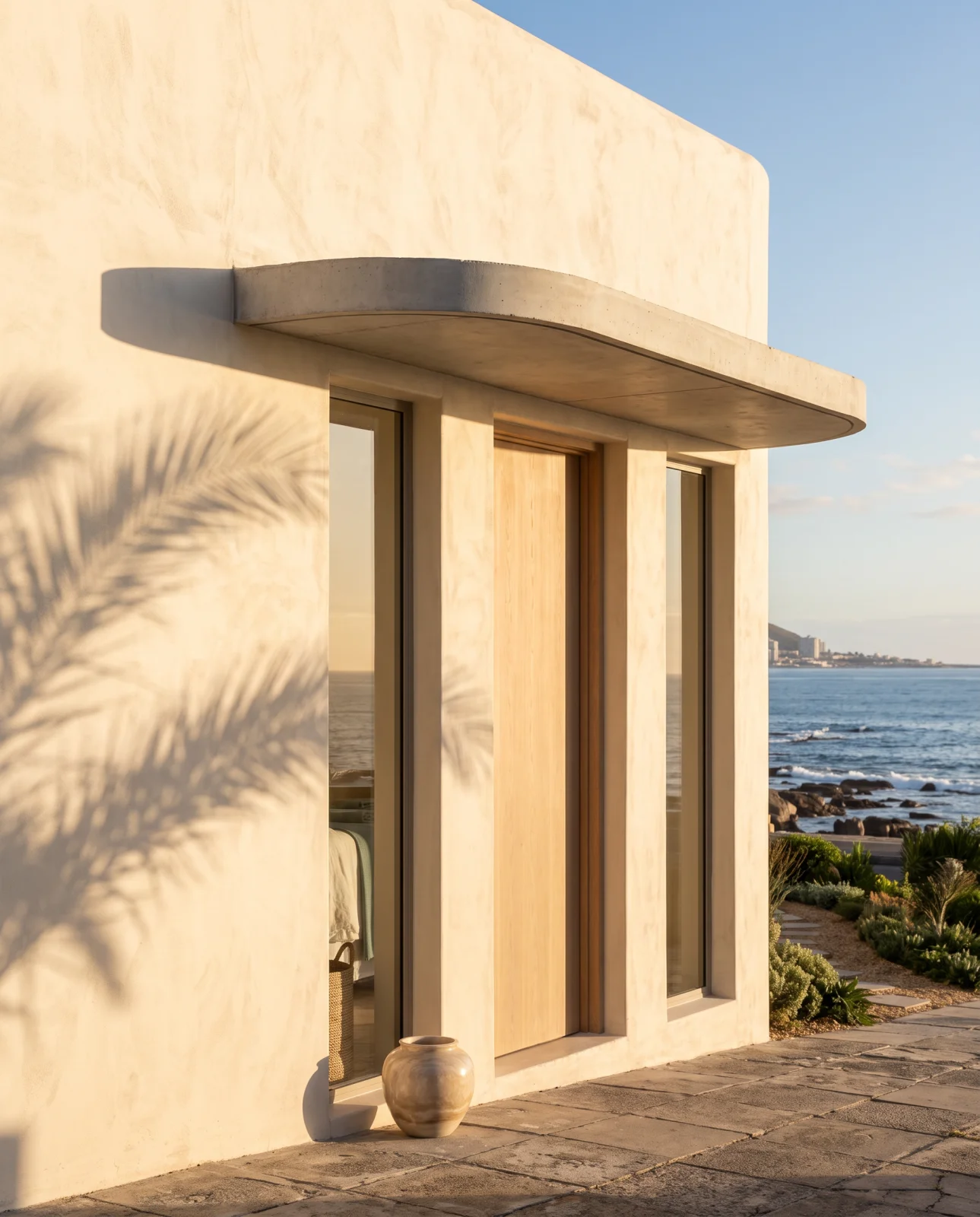 Exterior facade of the studio in Sea Point with warm ivory plaster walls