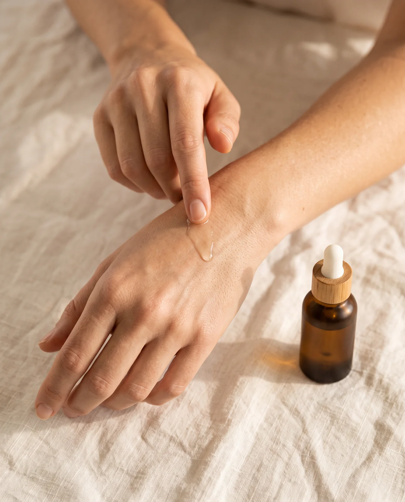 Close-up of natural hands applying a light skincare serum to the wrist