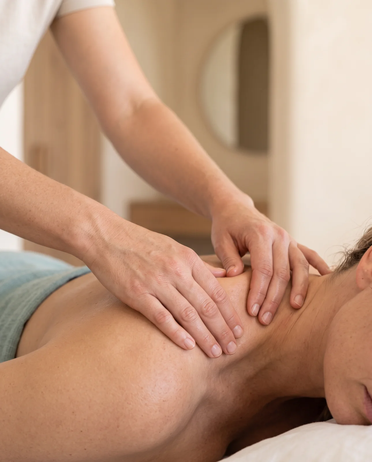 Therapist gently massaging a client shoulder with light oil
