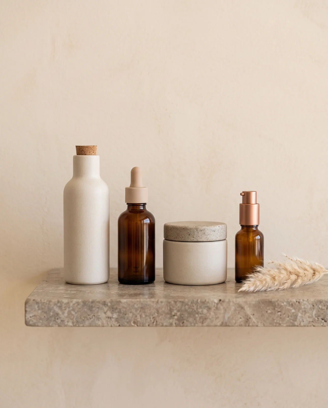 Curated skincare bottles on a natural stone shelf against an ivory plaster wall