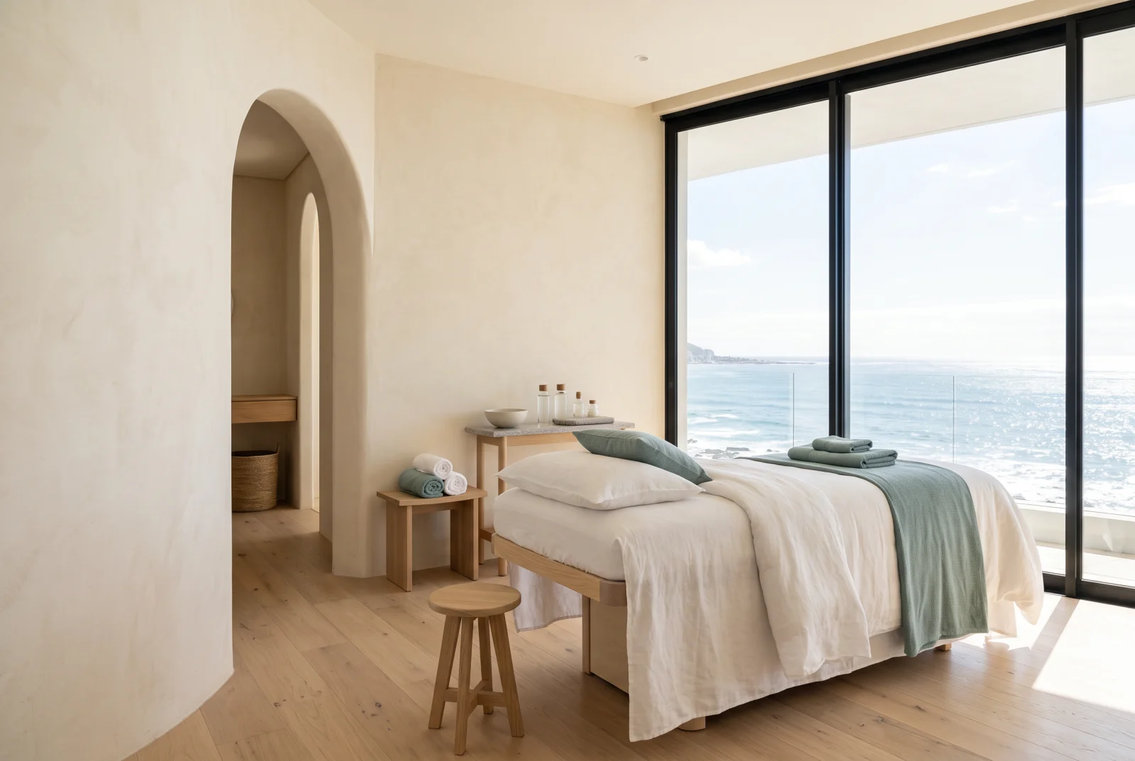 Skincare treatment bed beside a floor-to-ceiling ocean view window at a Cape Town skincare studio