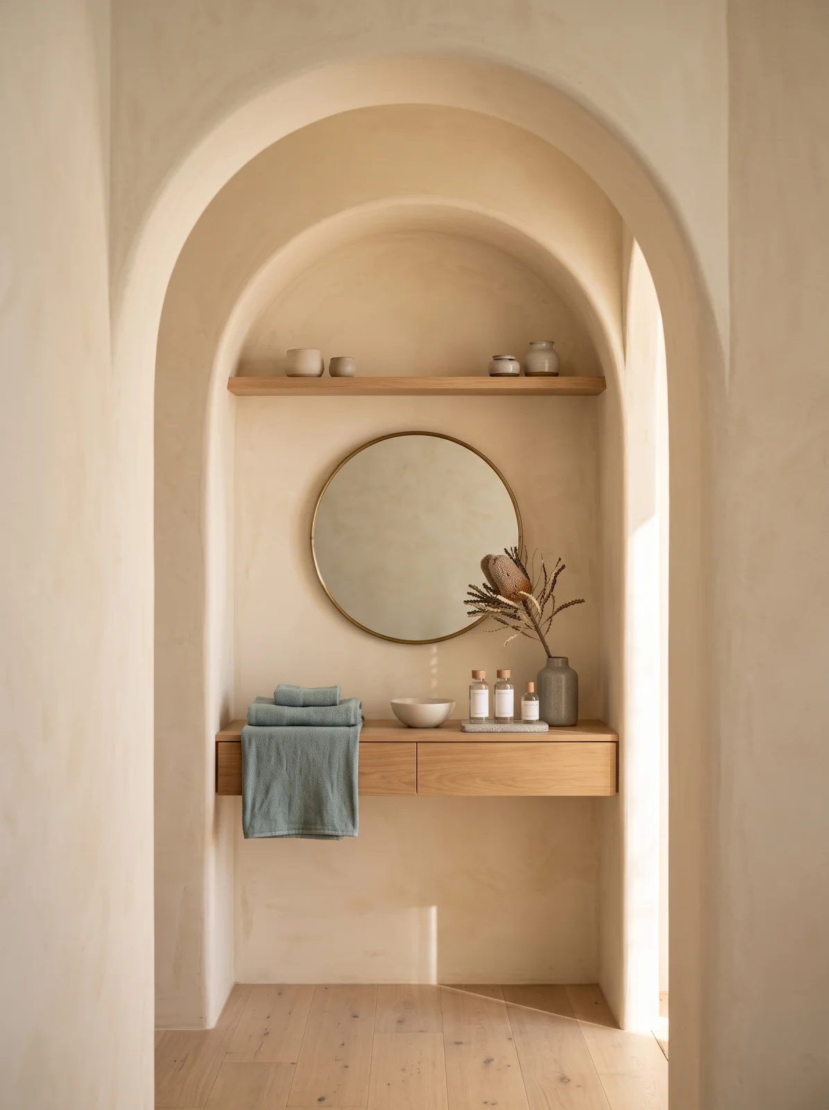 Arched alcove vanity with skincare bottles in a warm ivory-plaster treatment room