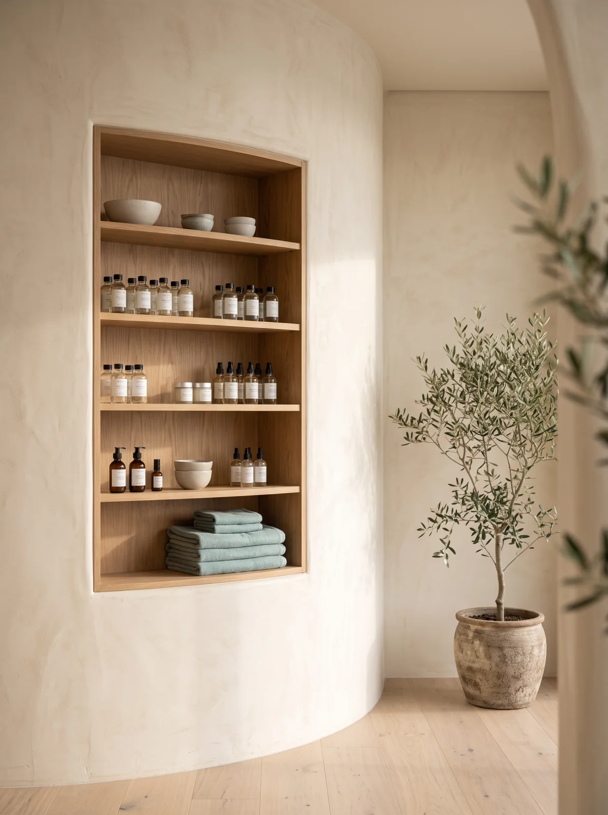 Built-in oak shelving with folded linen towels in a Cape Town skincare treatment room